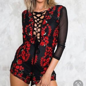 Embroidered lace up Forever 21 romper black & red